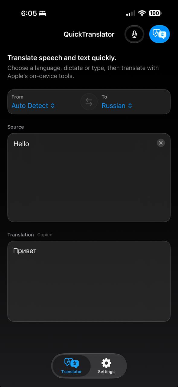 QuickTranslator app translating Hello to Russian in real time